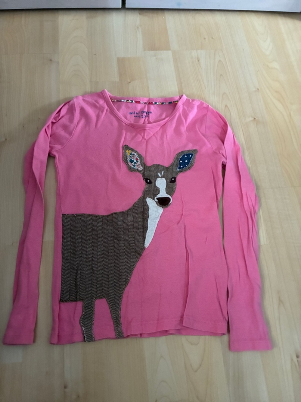 Mini Boden Pink Long-Sleeve Tee with Deer Appliqué